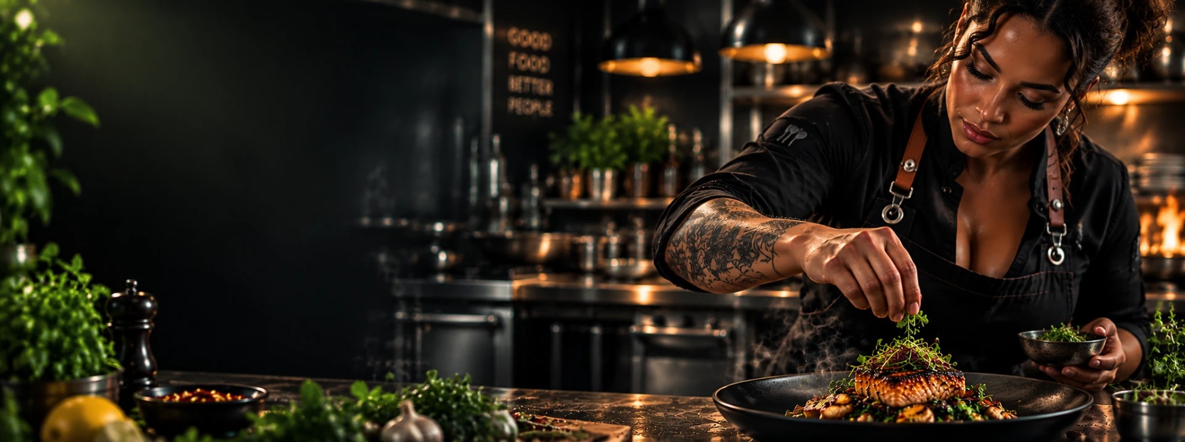 Chef plating a finished dish with fresh herbs in a dark professional kitchen