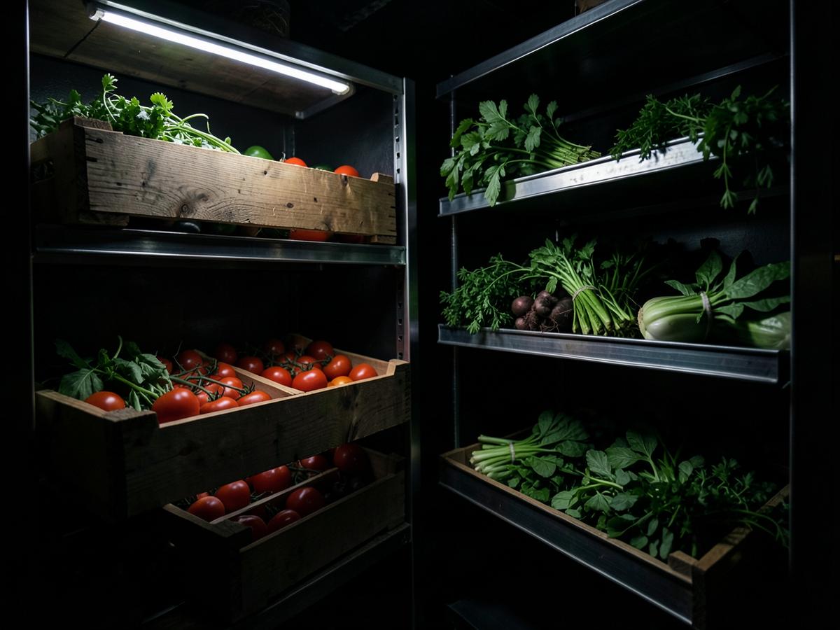 Fresh produce on shelves inside a restaurant walk-in cooler